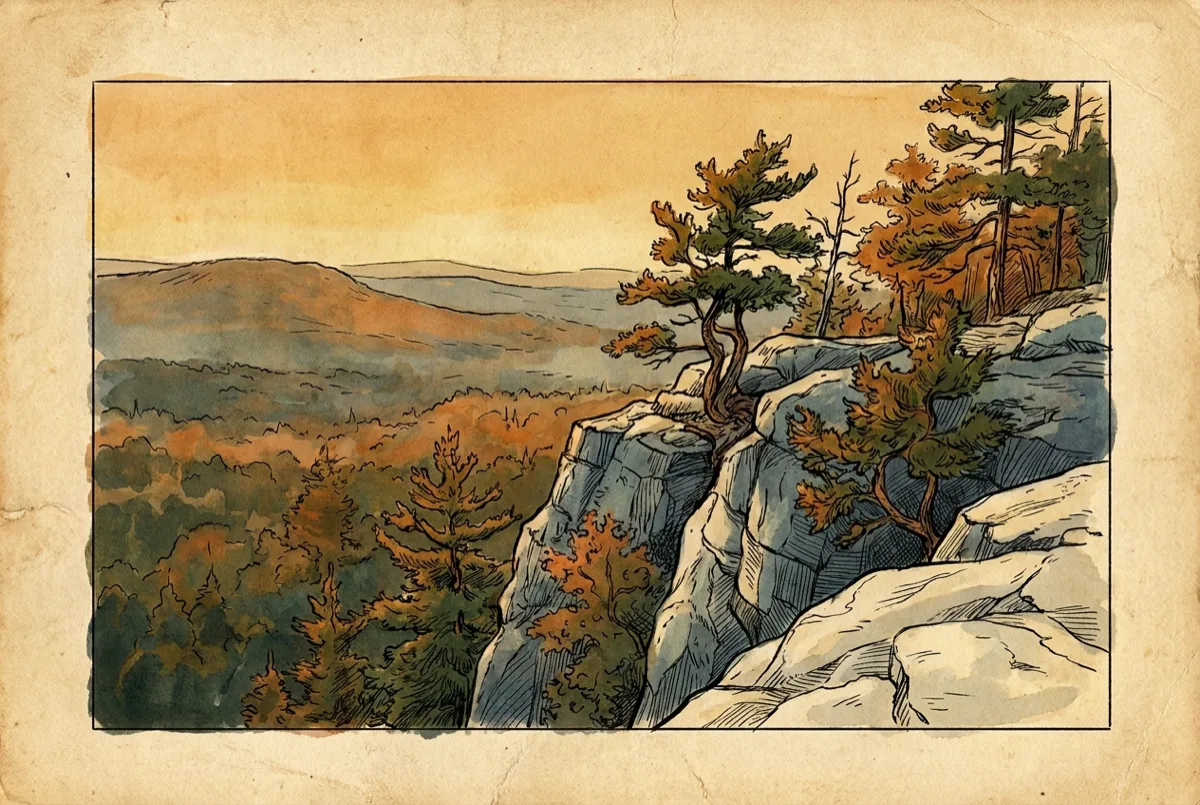Field-journal illustration of ridgeline views in Connecticut